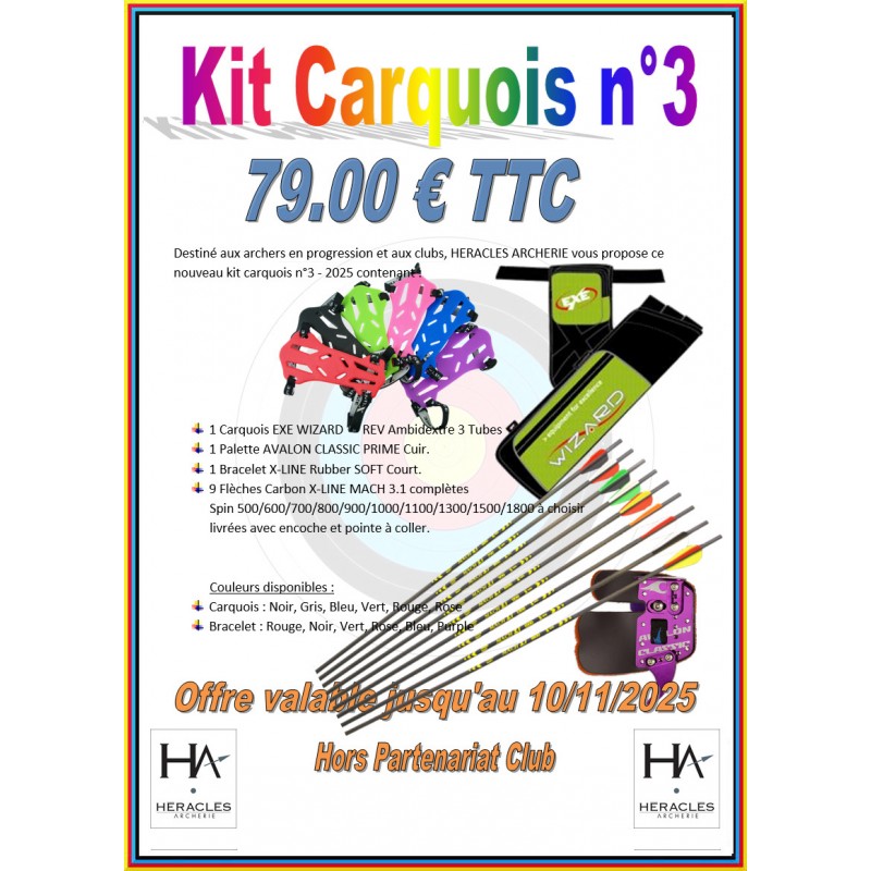 HERACLES ARCHERIE FRANCE KIT CARQUOIS NMR 3 ARC CLASSIQUE RENTREE 2025 COMPETITEURS CLUBS BORDEAUX MENETROL