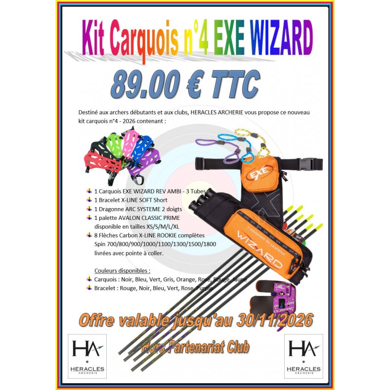 KIT CARQUOIS 4 EXE WIZARD REV AMBI HERACLES ARCHERIE FRANCE LA BREDE ARC CLASSIQUE