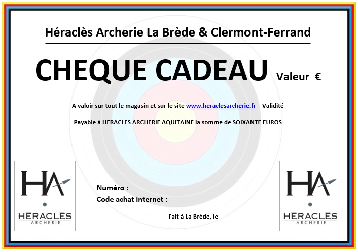 CHEQUE CADEAU BON ACHAT HERACLES ARCHERIE OFFRIR LA BREDE MENETROL CLERMONT